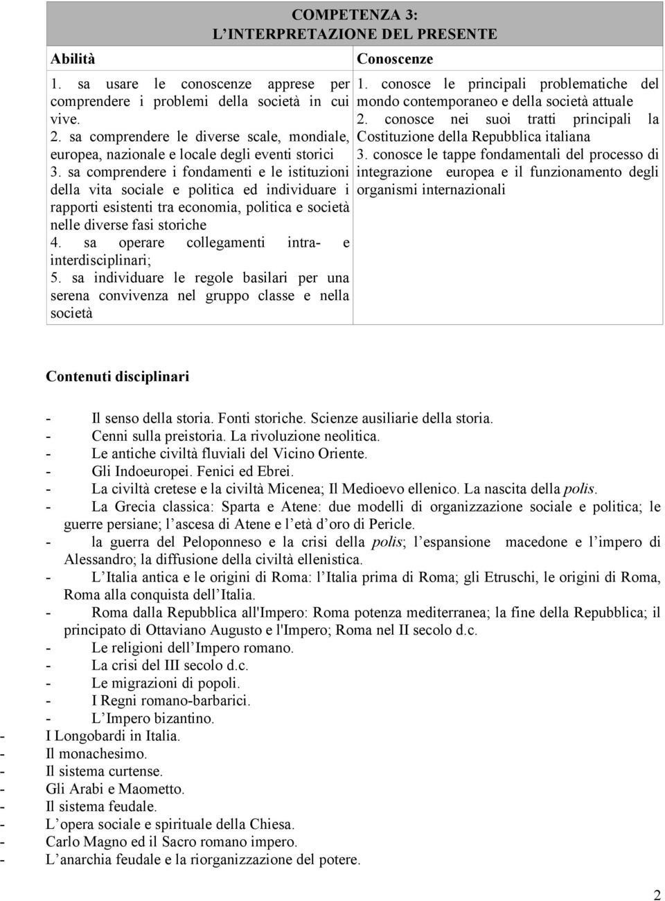 sa operare collegamenti intra- e interdisciplinari; 5. sa individuare le regole basilari per una serena convivenza nel gruppo classe e nella società COMPETENZA 3: L INTERPRETAZIONE DEL PRESENTE 1.