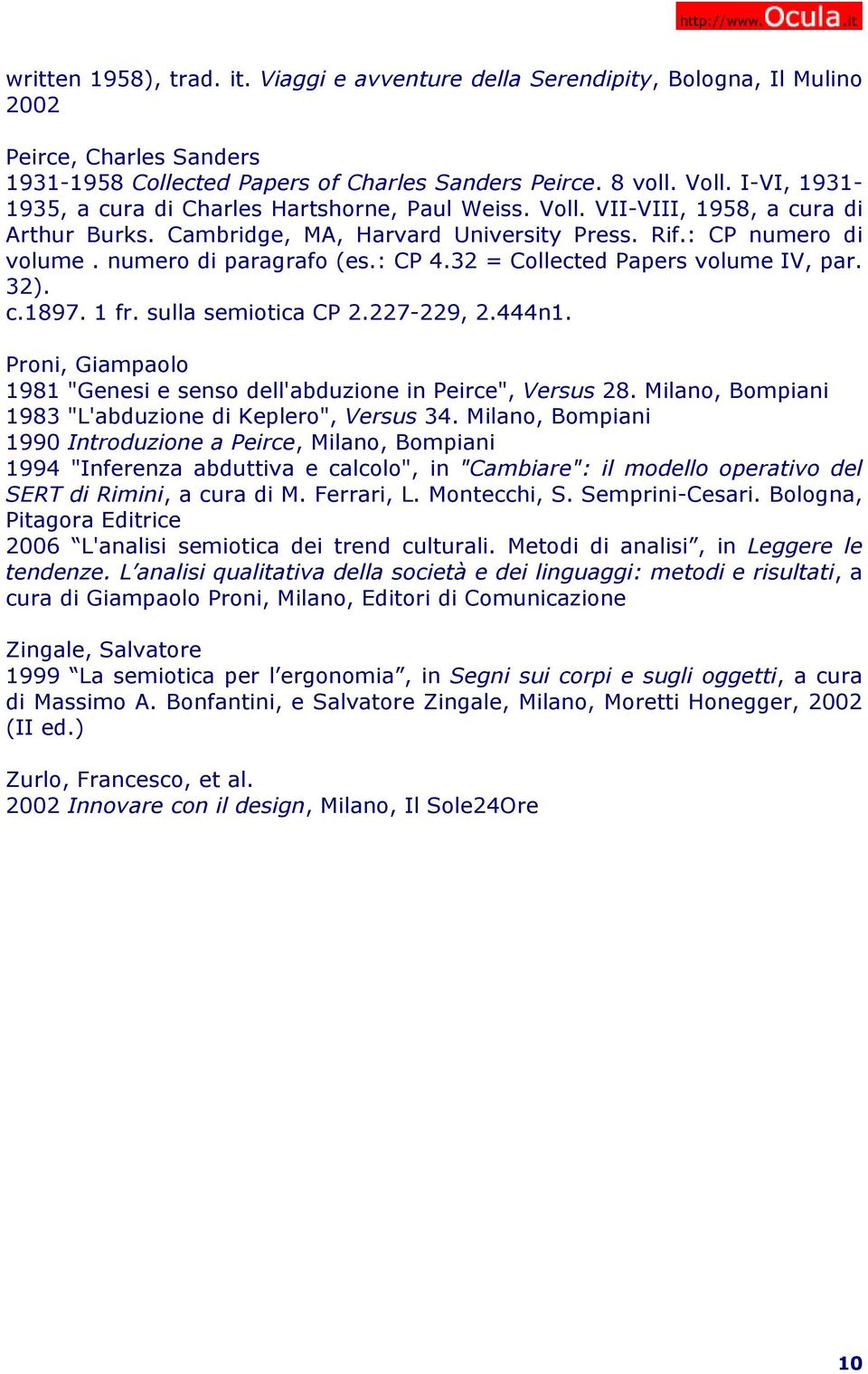: CP 4.32 = Collected Papers volume IV, par. 32). c.1897. 1 fr. sulla semiotica CP 2.227-229, 2.444n1. Proni, Giampaolo 1981 "Genesi e senso dell'abduzione in Peirce", Versus 28.