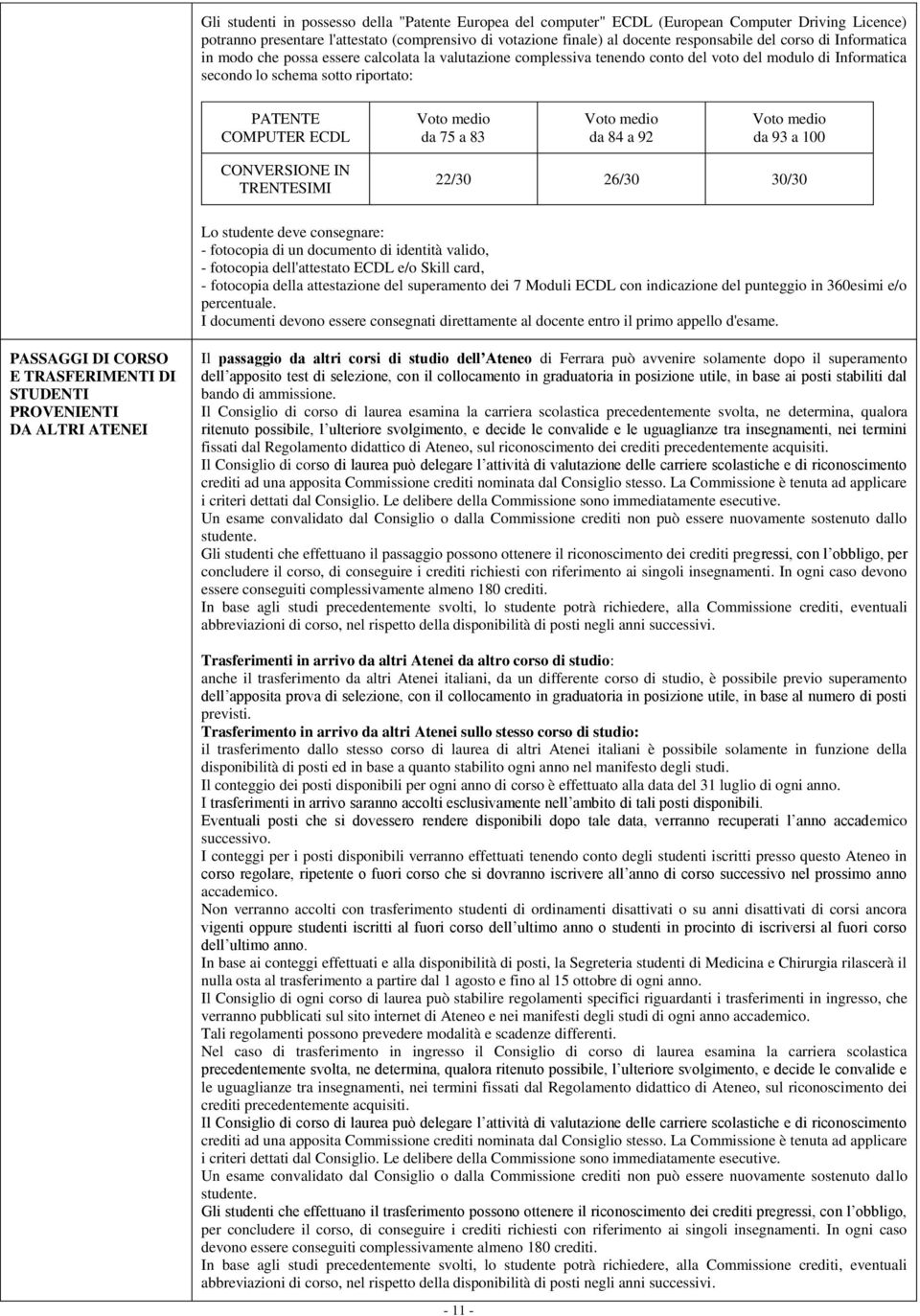 83 Voto medio da 84 a 92 Voto medio da 93 a 100 CONVERSIONE IN TRENTESIMI 22/30 26/30 30/30 Lo studente deve consegnare: - fotocopia di un documento di identità valido, - fotocopia dell'attestato