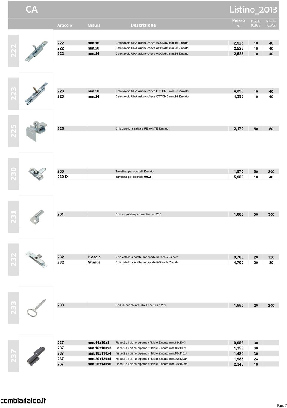 24 Zincato 4,395 10 40 225 Chiavistello a saldare PESANTE Zincato 2,170 50 50 230 Tavellino per sportelli Zincato 1,970 50 200 230 IX Tavellino per sportelli INOX 5,950 10 40 231 Chiave quadra per