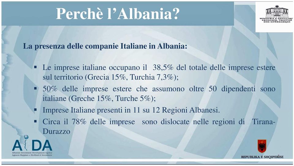 delle imprese estere sul territorio (Grecia 15%, Turchia 7,3%); 50% delle imprese estere che assumono