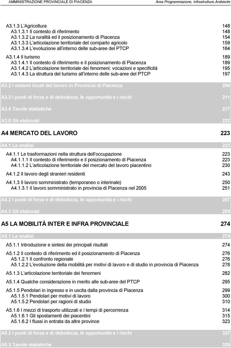 1.4.3 La struttura del turismo all interno delle sub-aree del PTCP 197 A3.2 I sistemi locali del lavoro in Provincia di Piacenza 206 A3.
