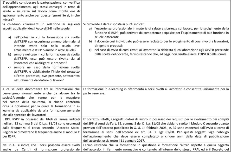 Si chiedono chiarimenti in relazione ai seguenti aspetti applicativi degli Accordi S-R nelle scuole: a) nell'ipotesi in cui la formazione sia svolta dall'rspp con esperienza almeno triennale, si