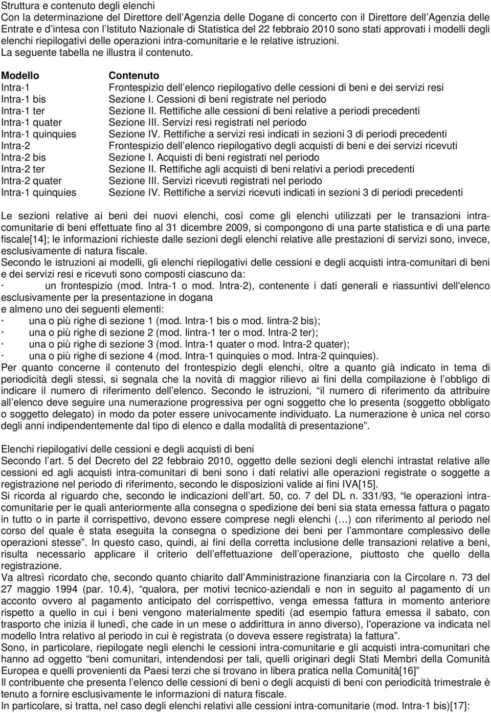 Modello Intra-1 Intra-1 bis Intra-1 ter Intra-1 quater Intra-1 quinquies Intra-2 Intra-2 bis Intra-2 ter Intra-2 quater Intra-1 quinquies Contenuto Frontespizio dell elenco riepilogativo delle