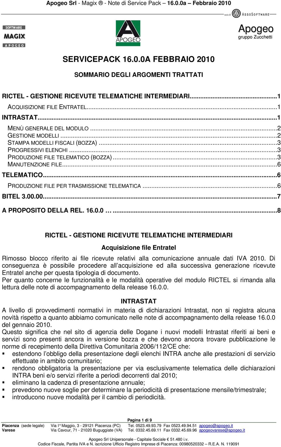 ..6 PRODUZIONE FILE PER TRASMISSIONE TELEMATICA...6 BITEL 3.00