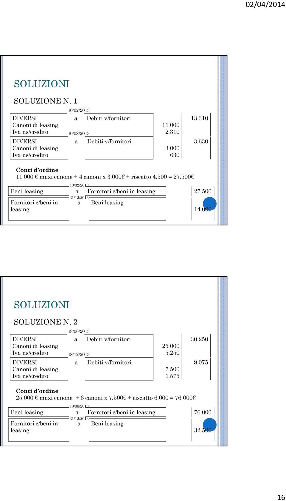 500 Fornitori c/beni in lesing 31/12/2013 Beni lesing 14.000 SOLUZIONI SOLUZIONE N. 2 18/06/2013 18/12/2013 25.000 5.250 7.500 1.575 30.