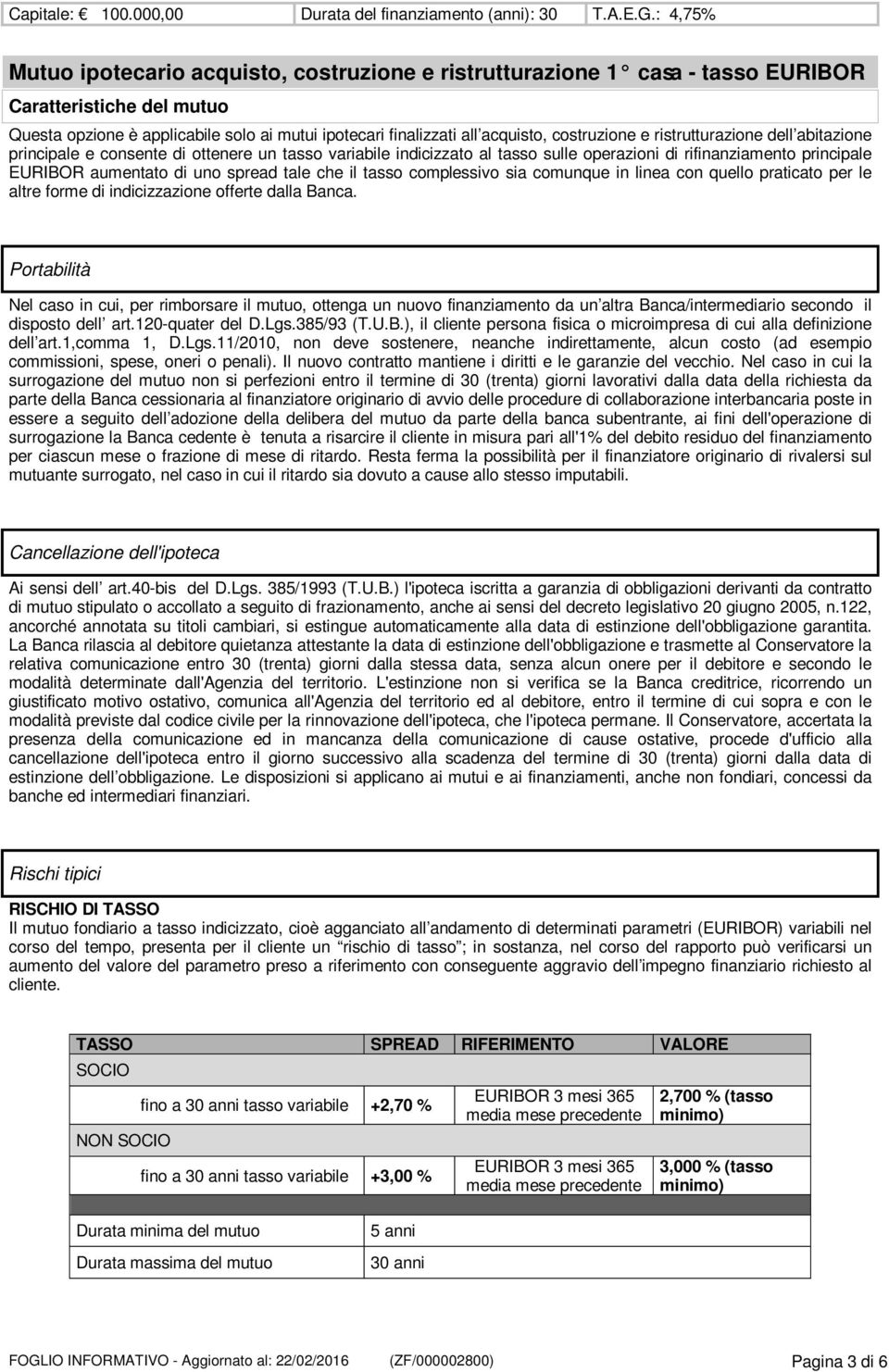 costruzione e ristrutturazione dell abitazione principale e consente di ottenere un tasso variabile indicizzato al tasso sulle operazioni di rifinanziamento principale EURIBOR aumentato di uno spread