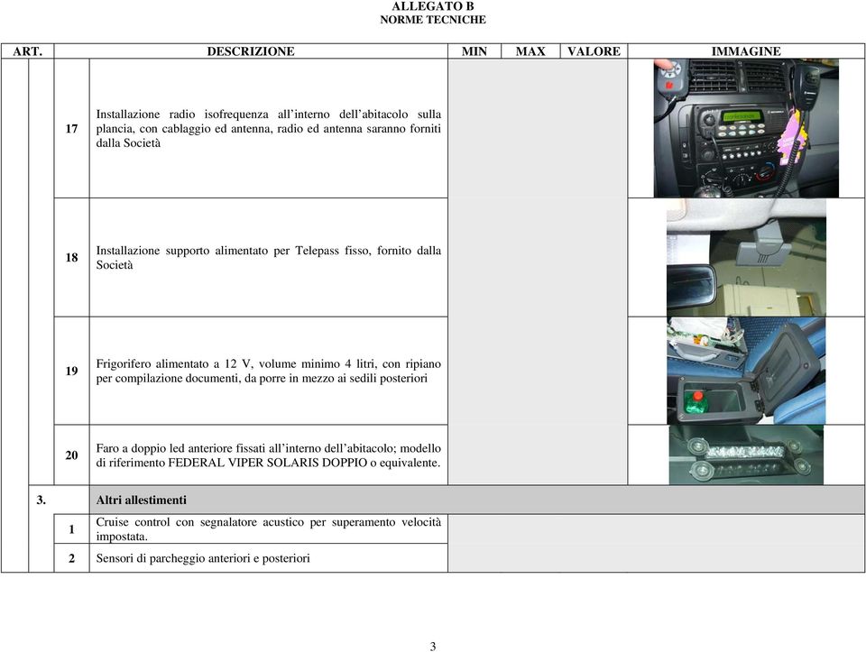 per compilazione documenti, da porre in mezzo ai sedili posteriori 20 Faro a doppio led anteriore fissati all interno dell abitacolo; modello di riferimento FEDERAL VIPER