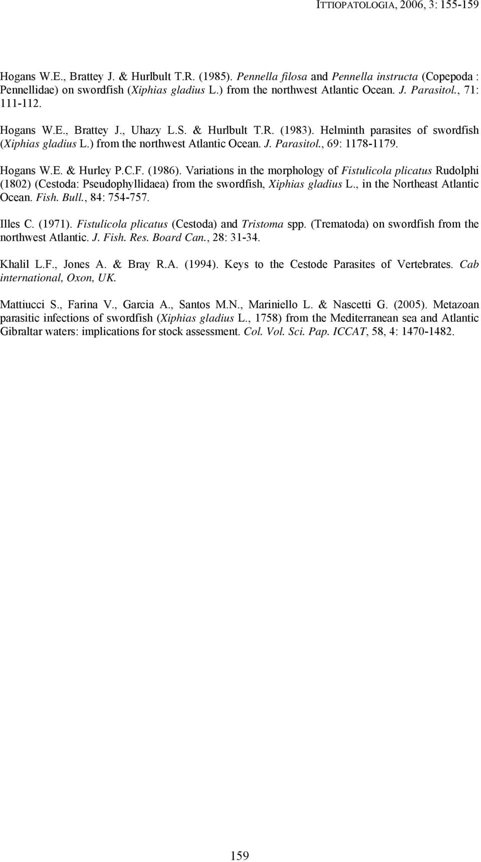 Hogans W.E. & Hurley P.C.F. (1986). Variations in the morphology of Fistulicola plicatus Rudolphi (1802) (Cestoda: Pseudophyllidaea) from the swordfish, Xiphias gladius L.