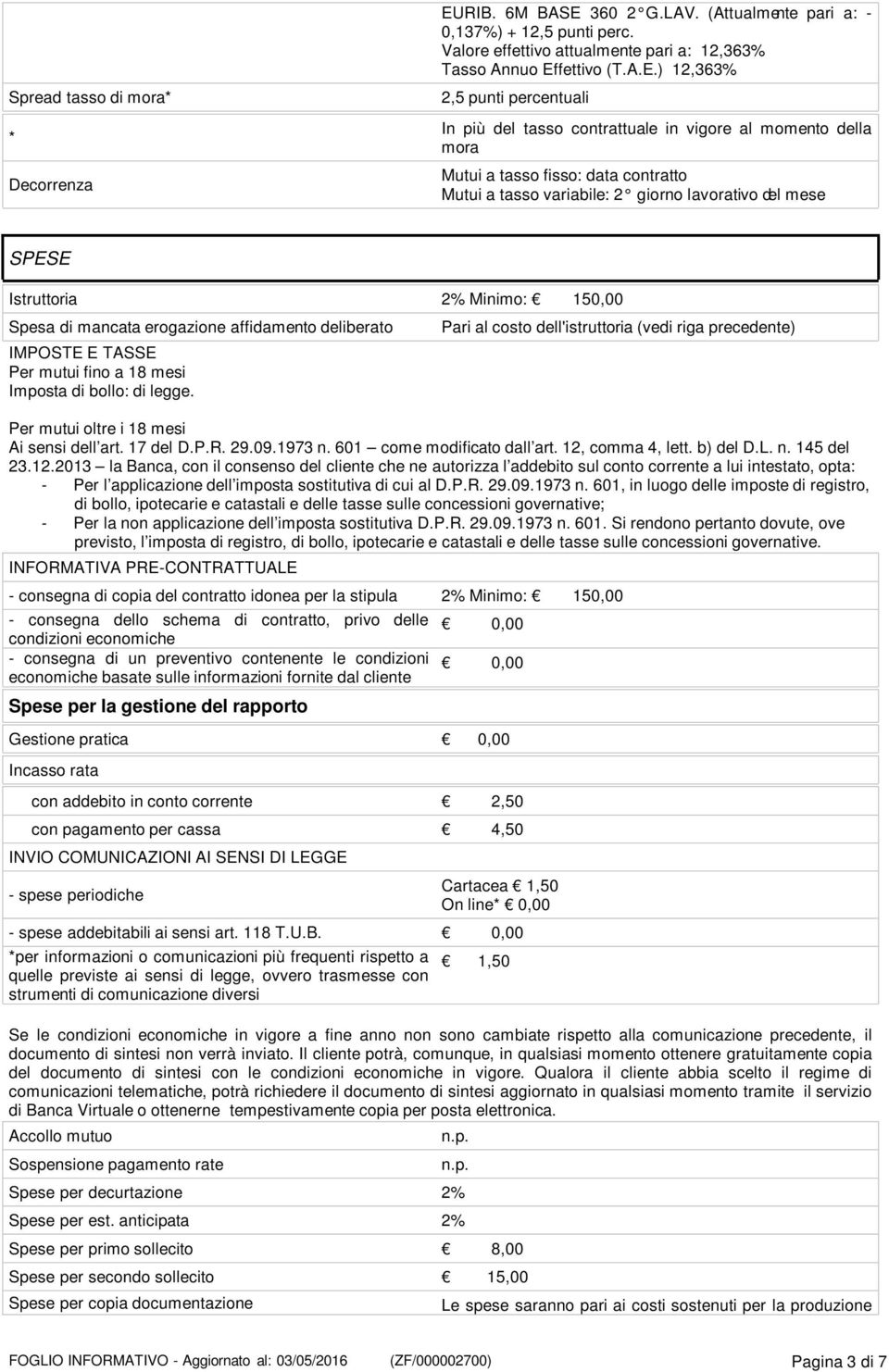 ) 12,363% 2,5 punti percentuali In più del tasso contrattuale in vigore al momento della mora Mutui a tasso fisso: data contratto Mutui a tasso variabile: 2 giorno lavorativo del mese SPESE