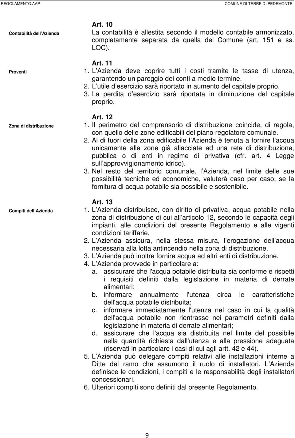 L Azienda deve coprire tutti i costi tramite le tasse di utenza, garantendo un pareggio dei conti a medio termine. 2. L utile d esercizio sarà riportato in aumento del capitale proprio. 3.