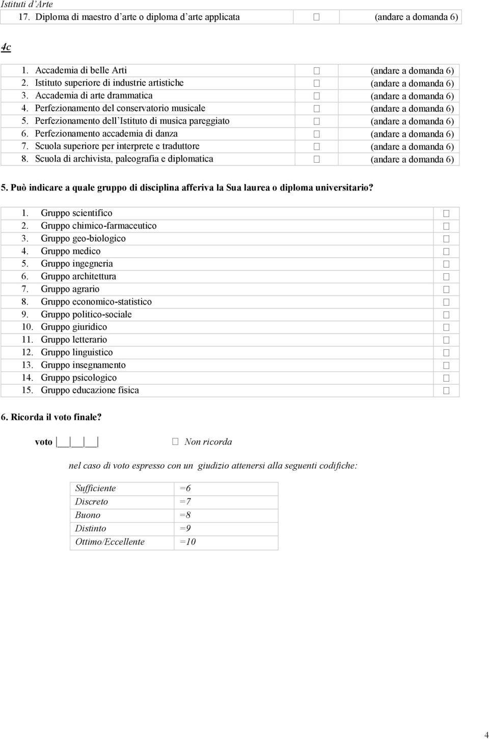 Perfezionamento dell Istituto di musica pareggiato (andare a domanda 6) 6. Perfezionamento accademia di danza (andare a domanda 6) 7.