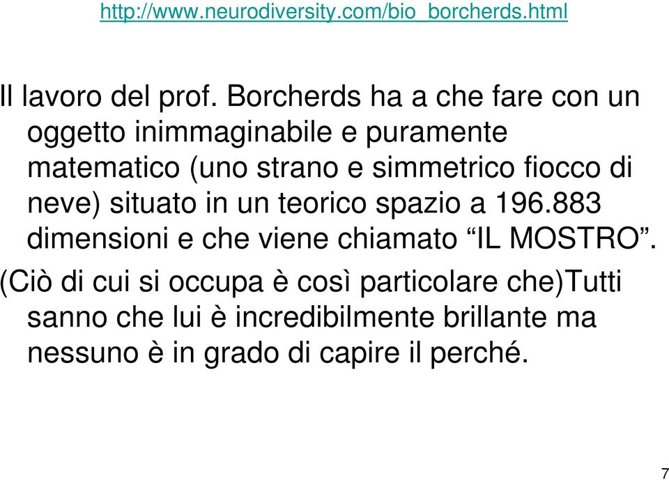 fiocco di neve) situato in un teorico spazio a 196.883 dimensioni e che viene chiamato IL MOSTRO.