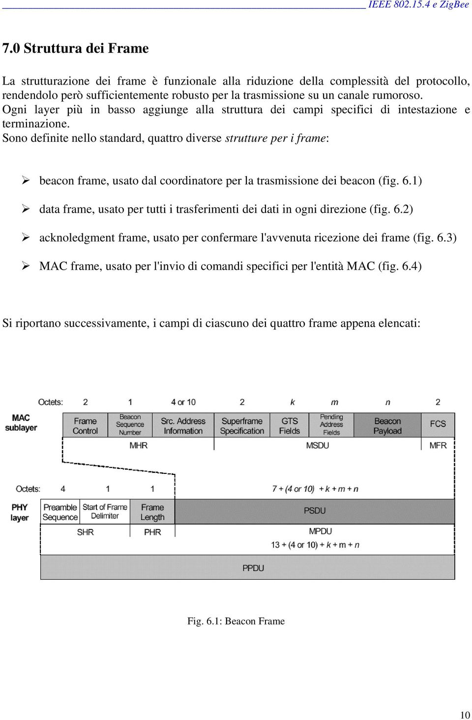 Sono definite nello standard, quattro diverse strutture per i frame: beacon frame, usato dal coordinatore per la trasmissione dei beacon (fig. 6.