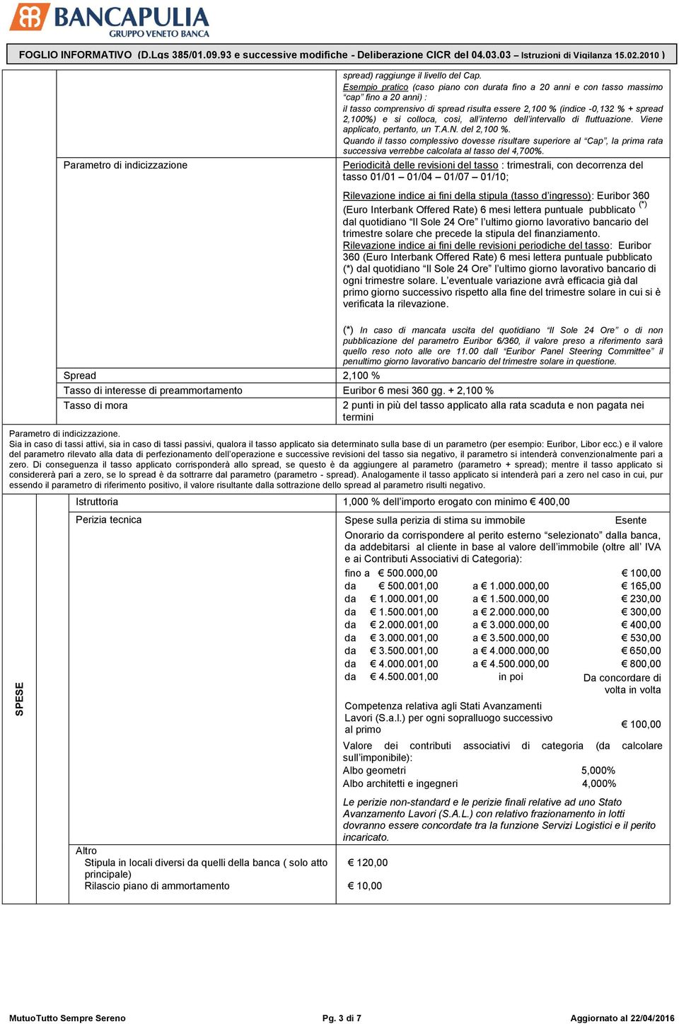 Esempio pratico (caso piano con durata fino a 20 anni e con tasso massimo cap fino a 20 anni) : il tasso comprensivo di spread risulta essere 2,100 % (indice -0,132 % + spread 2,100%) e si colloca,