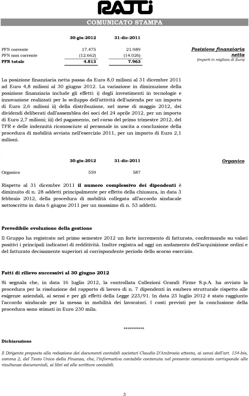 La variazione in diminuzione della posizione finanziaria include gli effetti: i) degli investimenti in tecnologie e innovazione realizzati per lo sviluppo dell attività dell azienda per un importo di