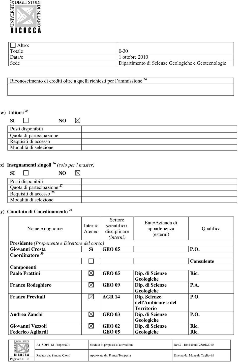 accesso 28 Modalità di selezione y) Comitato di Coordinamento 29 Nome e cognome Interno Ateneo Settore scientificodisciplinare (interni) Ente/Azienda di appartenenza (esterni) Presidente (Proponente