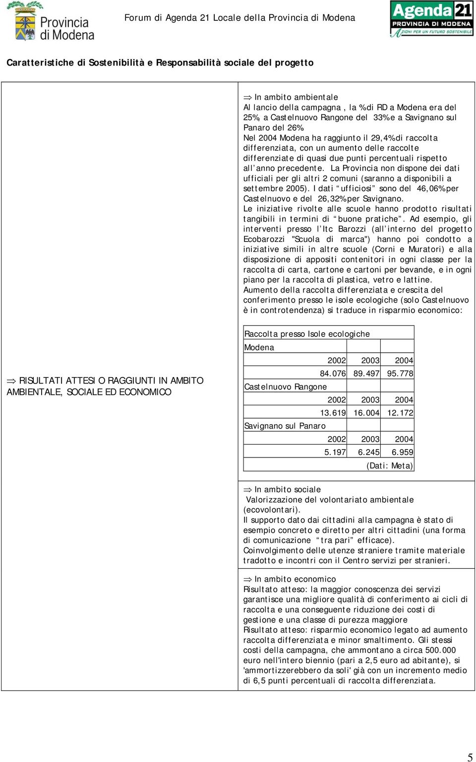 La Provincia non dispone dei dati ufficiali per gli altri 2 comuni (saranno a disponibili a settembre 2005). I dati ufficiosi sono del 46,06% per Castelnuovo e del 26,32% per Savignano.