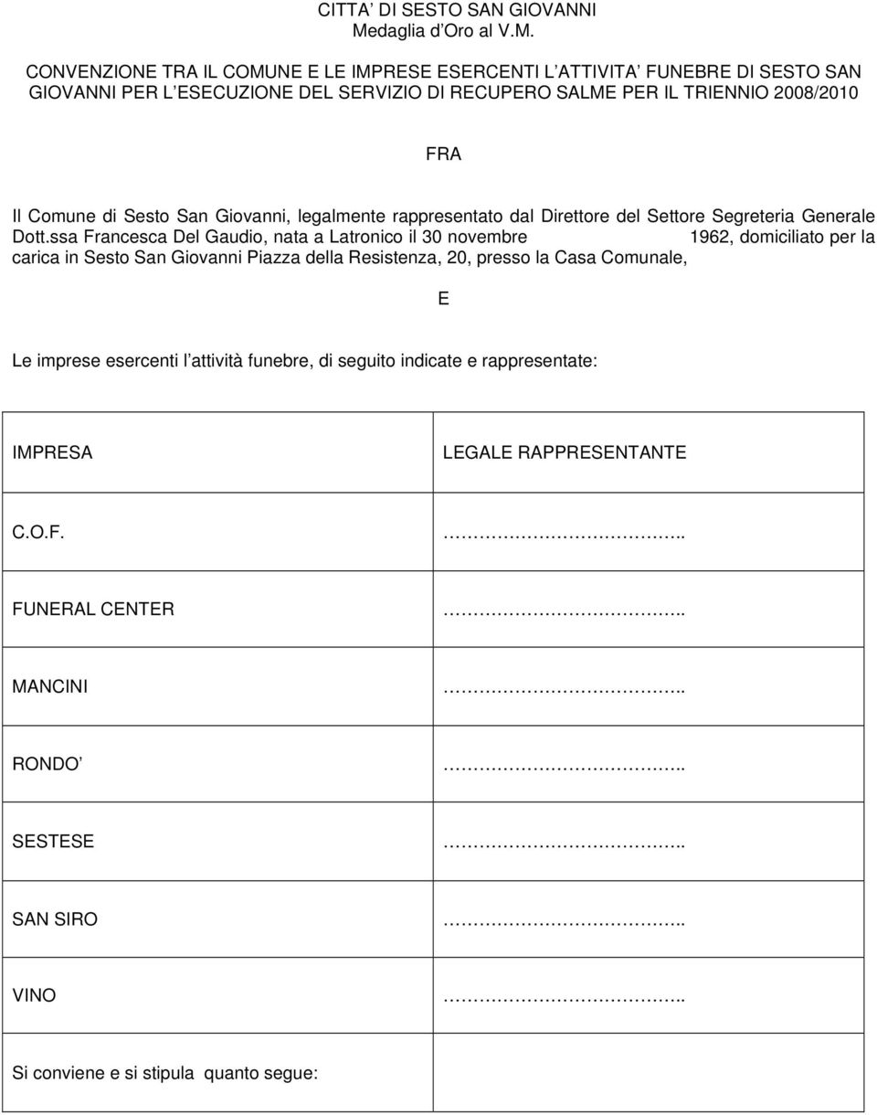 CONVENZIONE TRA IL COMUNE E LE IMPRESE ESERCENTI L ATTIVITA FUNEBRE DI SESTO SAN GIOVANNI PER L ESECUZIONE DEL SERVIZIO DI RECUPERO SALME PER IL TRIENNIO 2008/2010 FRA Il