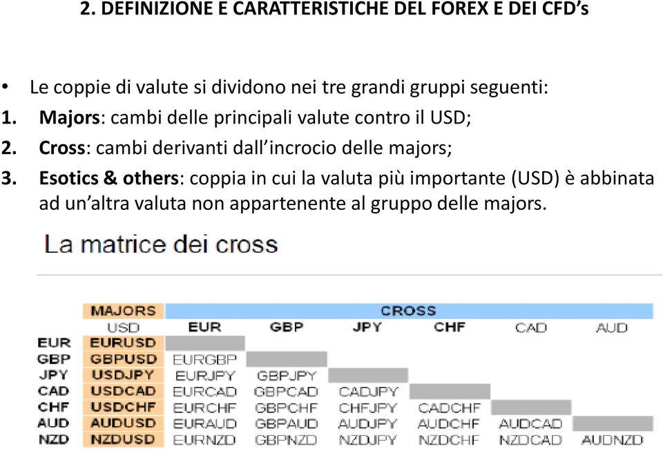 Cross: cambi derivanti dall incrocio delle majors; 3.