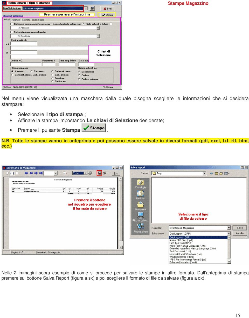 Tutte le stampe vanno in anteprima e poi possono essere salvate in diversi formati (pdf, exel, txt, rtf, htm, ecc.