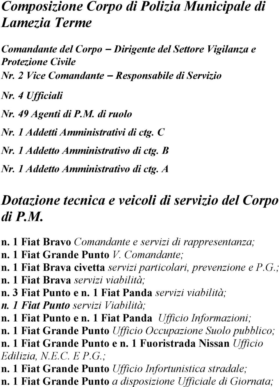 M. n. 1 Fiat Bravo Comandante e servizi di rappresentanza; n. 1 Fiat Grande Punto V. Comandante; n. 1 Fiat Brava civetta servizi particolari, prevenzione e P.G.; n. 1 Fiat Brava servizi viabilità; n.