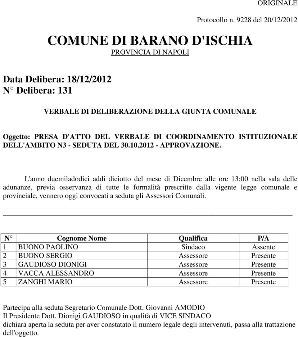 COORDINAMENTO ISTITUZIONALE DELL'AMBITO N3 - SEDUTA DEL 30.10.2012 - APPROVAZIONE.