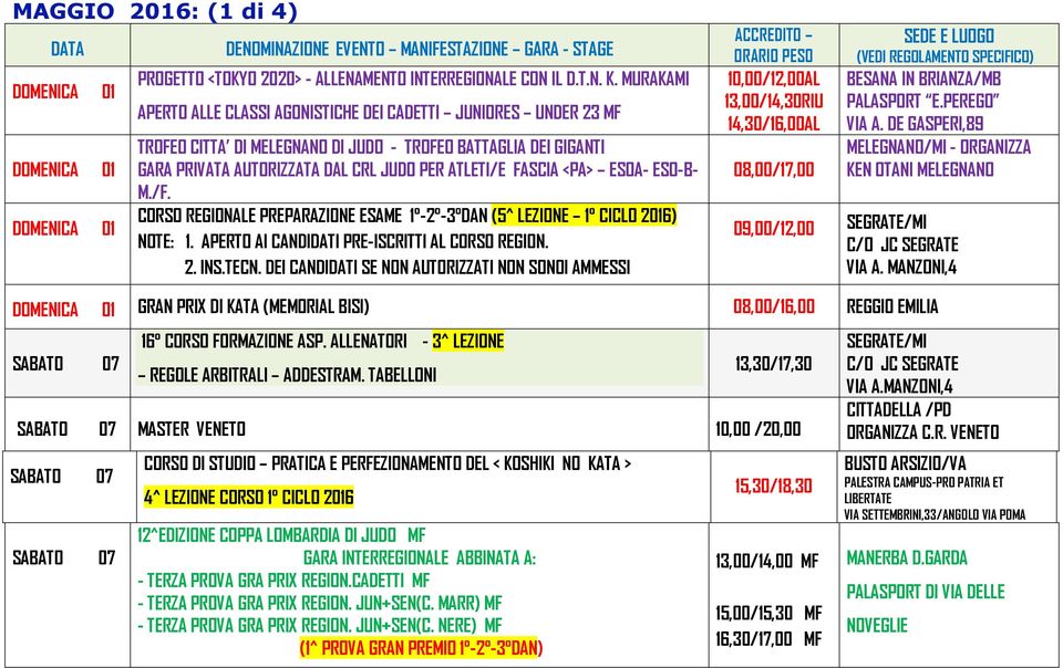 <PA> ESOA- ESO-B- M./F. CORSO REGIONALE PREPARAZIONE ESAME 1-2 -3 DAN (5^ LEZIONE 1 CICLO 2016) NOTE: 1. APERTO AI CANDIDATI PRE-ISCRITTI AL CORSO REGION. 2. INS.TECN.