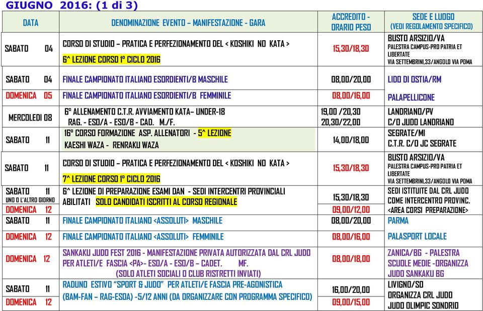 08,00/16,00 MERCOLEDI 08 SABATO 11 6 ALLENAMENTO C.T.R. AVVIAMENTO KATA UNDER-18 RAG. - ESO/A - ESO/B - CAD. M./F. 16 CORSO FORMAZIONE ASP.