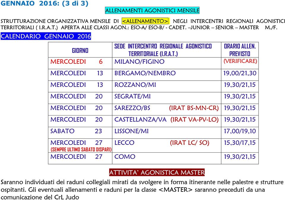 PREVISTO (VERIFICARE) MERCOLEDI 13 BERGAMO/NEMBRO 19,00/21,30 MERCOLEDI 13 ROZZANO/MI 19,30/21,15 MERCOLEDI 20 19,30/21,15 MERCOLEDI 20 SAREZZO/BS (IRAT BS-MN-CR) 19,30/21,15 MERCOLEDI 20