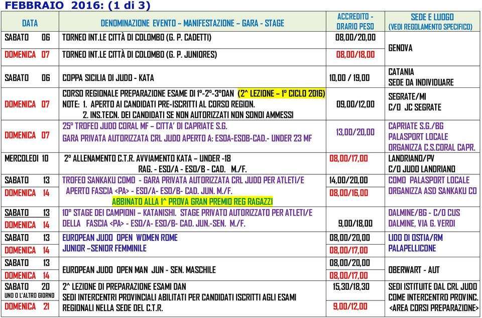 JUNIORES) 08,00/18,00 GENOVA SABATO 06 COPPA SICILIA DI JUDO - KATA 10,00 / 19,00 DOMENICA 07 DOMENICA 07 CORSO REGIONALE PREPARAZIONE ESAME DI 1-2 -3 DAN (2^ LEZIONE 1 CICLO 2016) NOTE: 1.