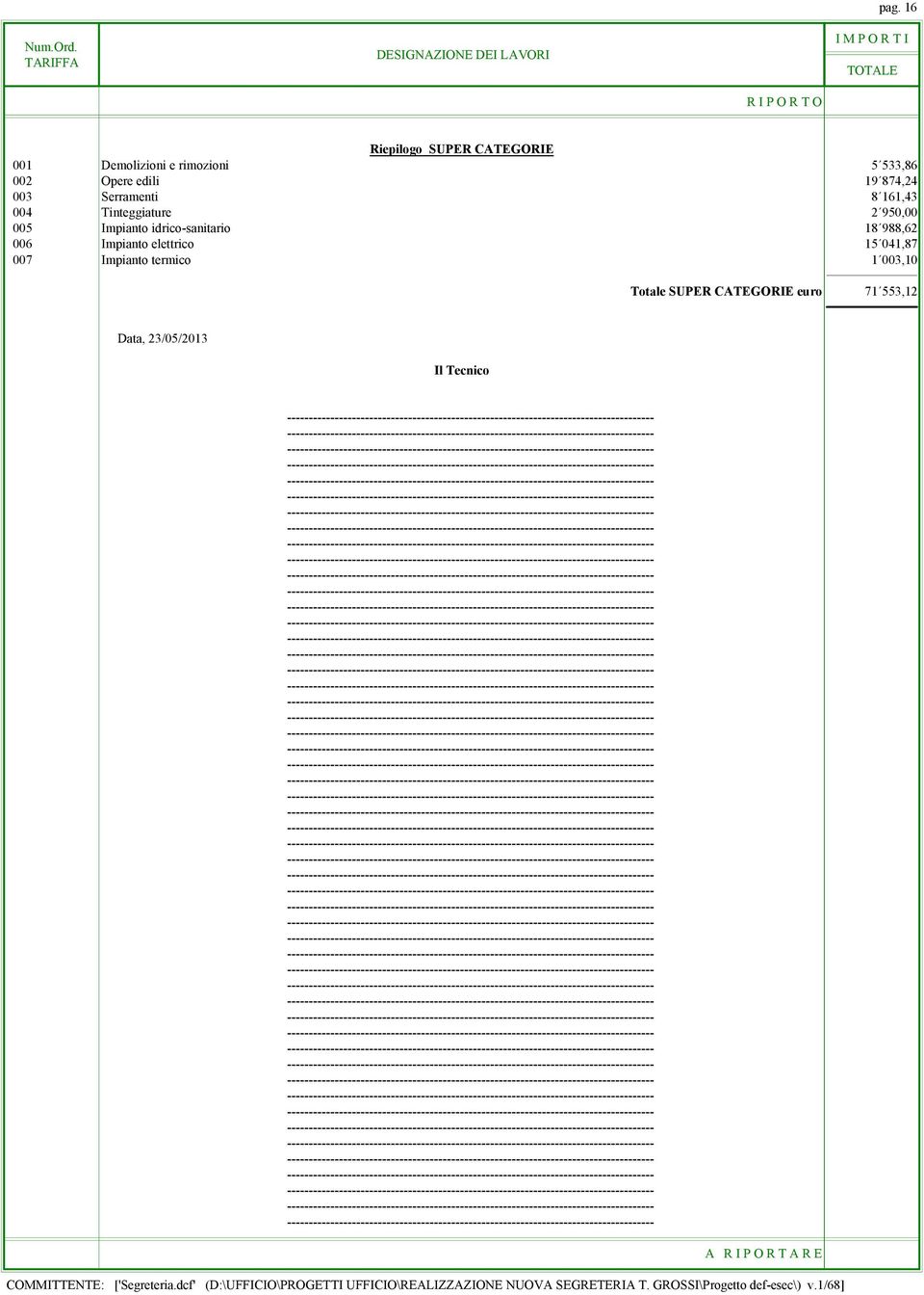 idrico-sanitario 18 988,62 006 Impianto elettrico 15 041,87 007 Impianto termico 1 003,10 Totale SUPER CATEGORIE euro 71 553,12 Data, 23/05/2013 Il Tecnico ------------------------------------------