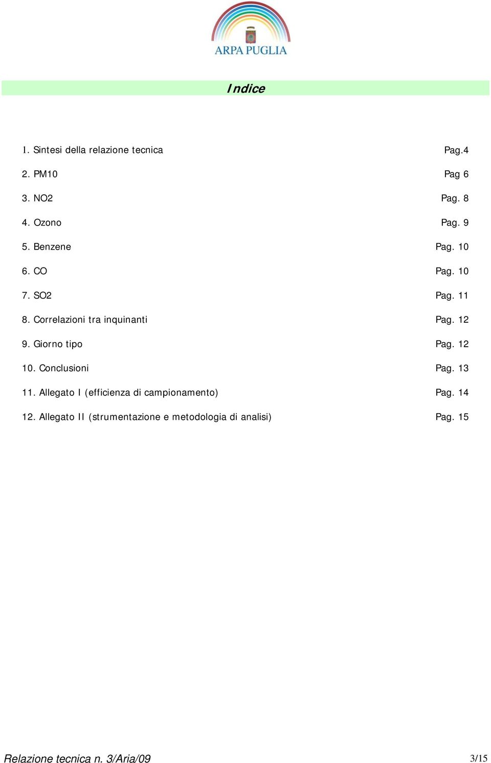 Giorno tipo Pag. 12 1. Conclusioni Pag. 13 11. Allegato I (efficienza di campionamento) Pag.