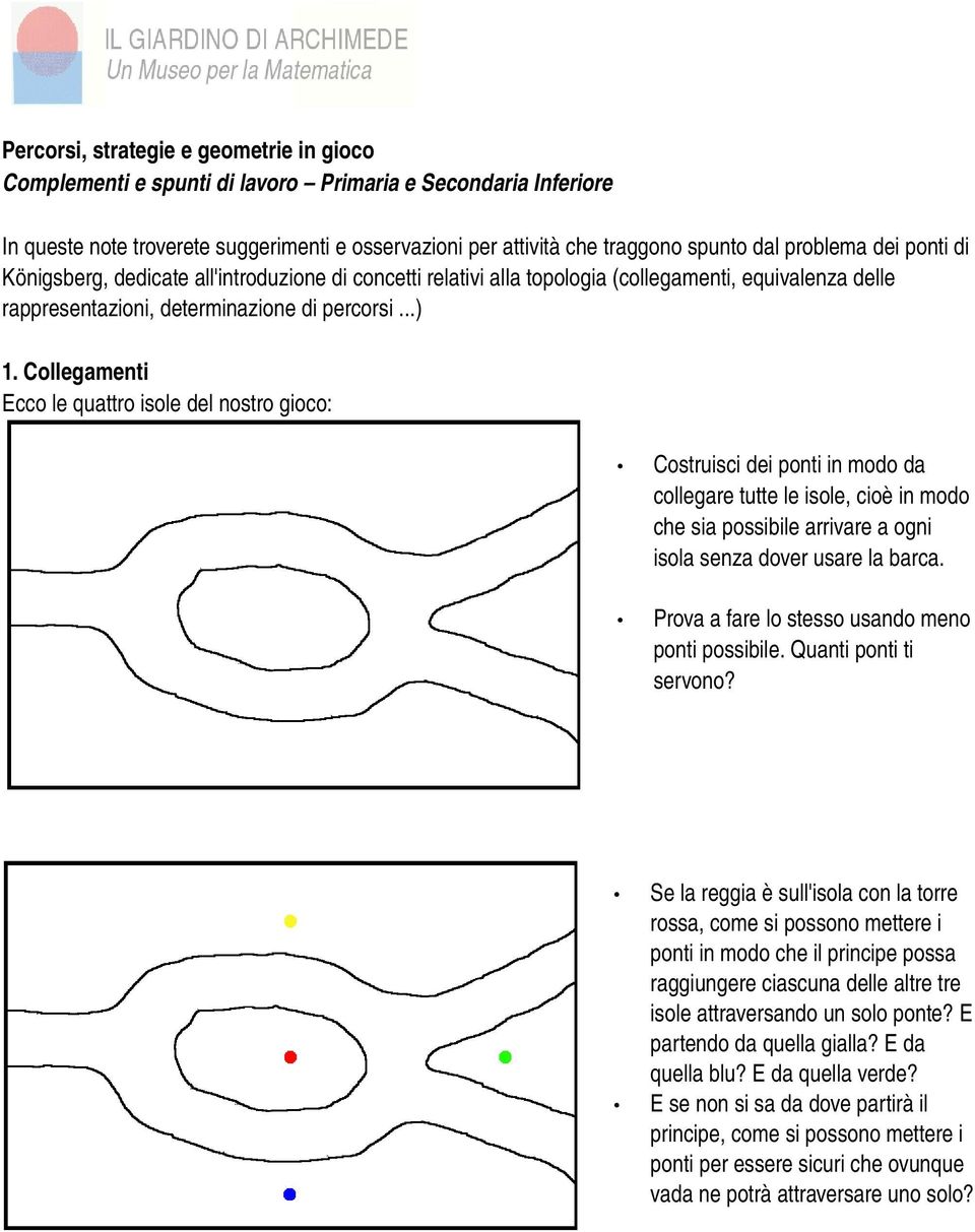 Collegamenti Ecco le quattro isole del nostro gioco: Costruisci dei ponti in modo da collegare tutte le isole, cioè in modo che sia possibile arrivare a ogni isola senza dover usare la barca.