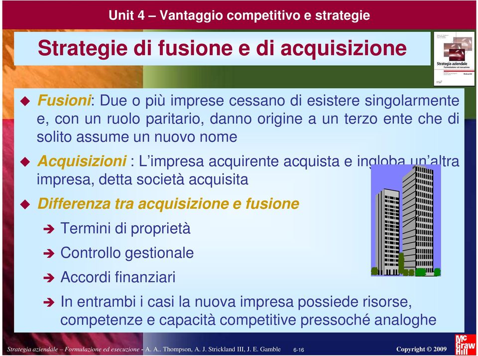 Differenza tra acquisizione e fusione Termini di proprietà Controllo gestionale Accordi finanziari In entrambi i casi la nuova impresa possiede