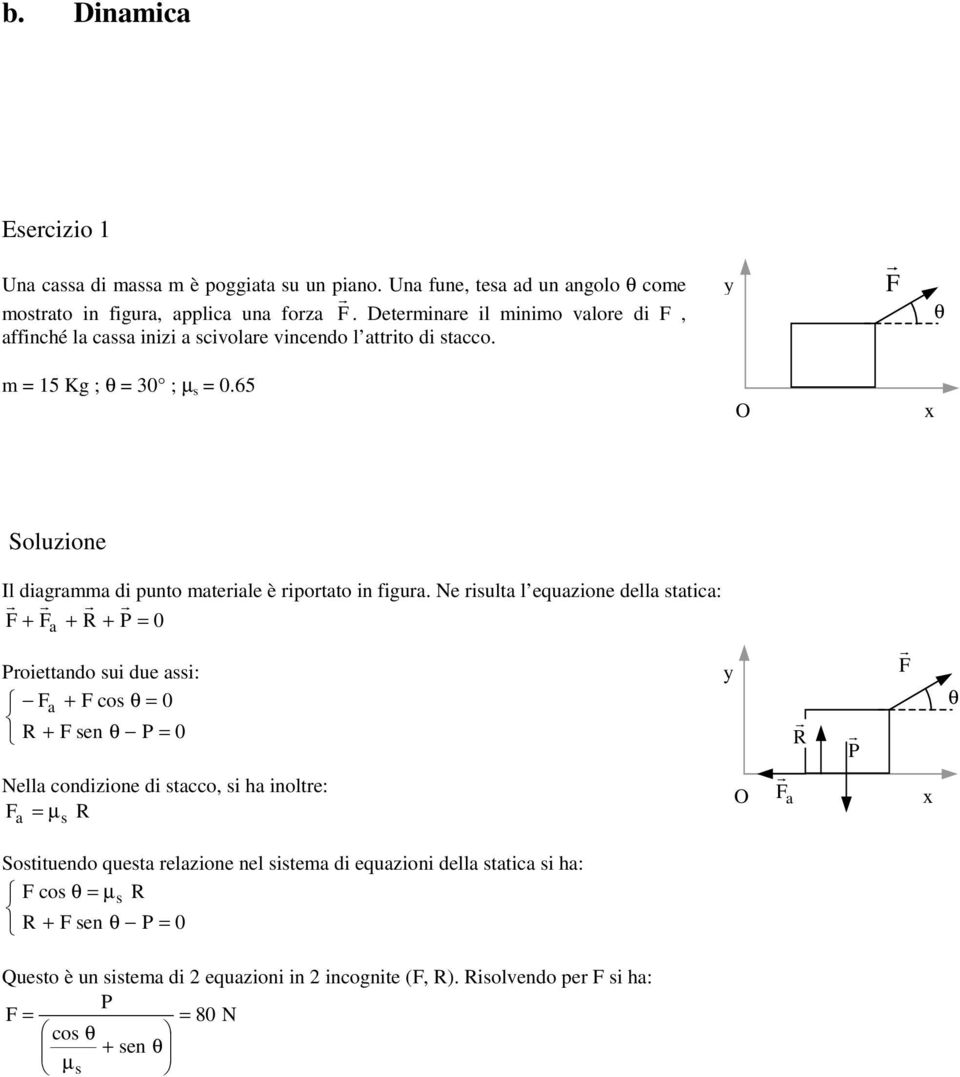 Ne risulta l equazine della statica: r r r r F Fa R P 0 Priettand sui due assi: F a F cs θ 0 R F sen θ P 0 Nella cndizine di stacc, si ha inltre: F R a µ s F r θ R