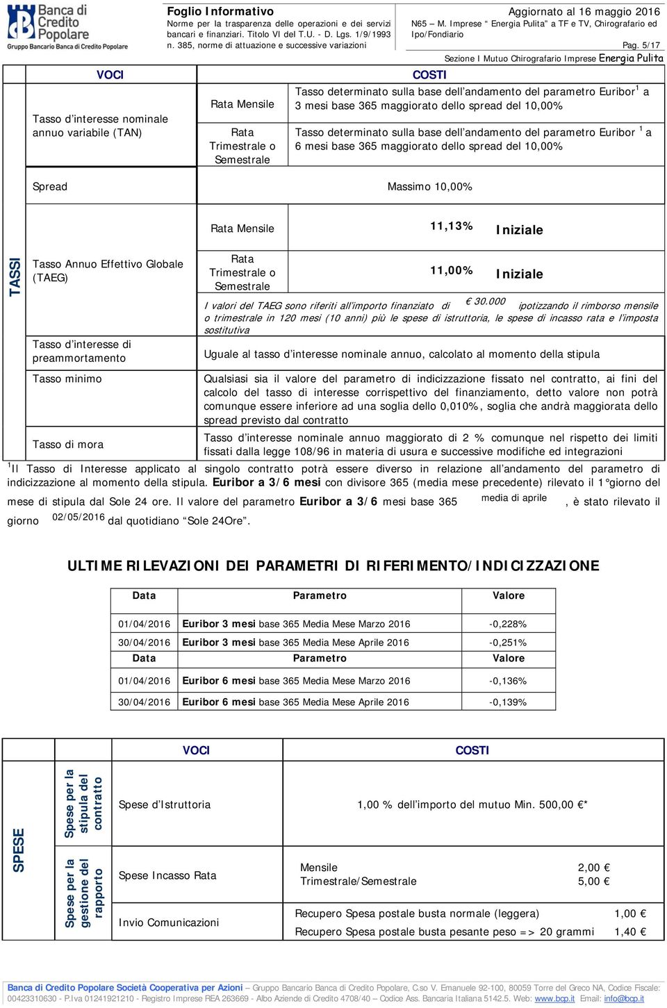 sulla base dell andamento del parametro Euribor 1 a 6 mesi base 365 maggiorato dello spread del 10,00% Spread Massimo 10,00% Rata Mensile 11,13% Iniziale TASSI Tasso Annuo Effettivo Globale (TAEG)