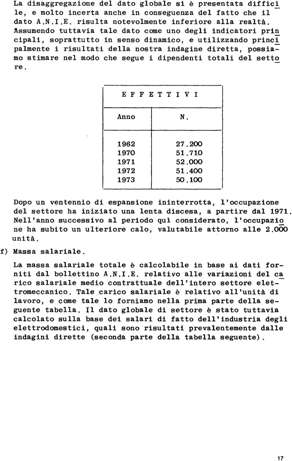 i dipendenti totai de setto re. E F F E T T I V I Anno N. 1962 27.200 1970 51.710 1971 52.000 1972 51.400 1973 50.