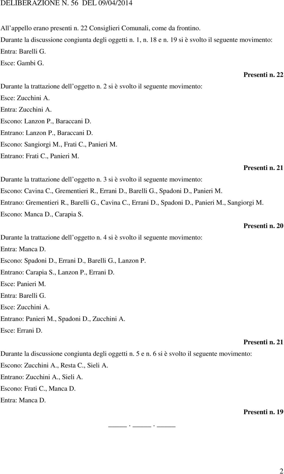 Escono: Lanzon P., Baraccani D. Entrano: Lanzon P., Baraccani D. Escono: Sangiorgi M., Frati C., Panieri M. Entrano: Frati C., Panieri M. Presenti n. 21 Durante la trattazione dell oggetto n.