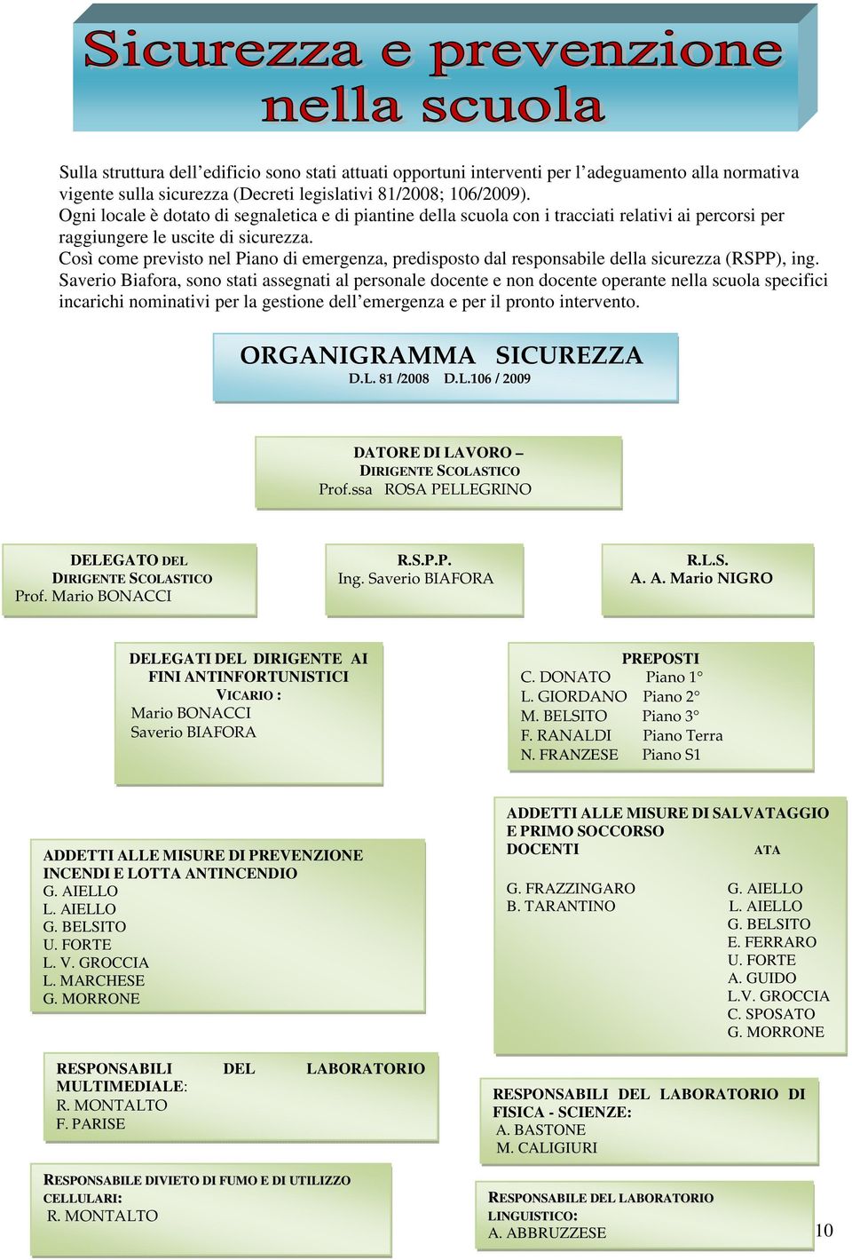 Così come previsto nel Piano di emergenza, predisposto dal responsabile della sicurezza (RSPP), ing.