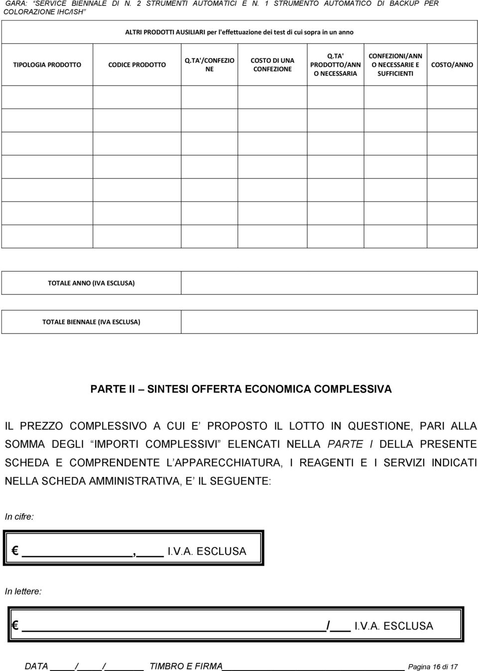 COMPLESSIVA IL PREZZO COMPLESSIVO A CUI E PROPOSTO IL LOTTO IN QUESTIONE, PARI ALLA SOMMA DEGLI IMPORTI COMPLESSIVI ELENCATI NELLA PARTE I DELLA PRESENTE SCHEDA E