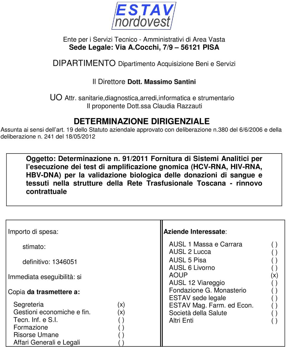 19 dello Statuto aziendale approvato con deliberazione n.380 del 6/6/2006 e della deliberazione n. 241 del 18/05/2012 Oggetto: Determinazione n.