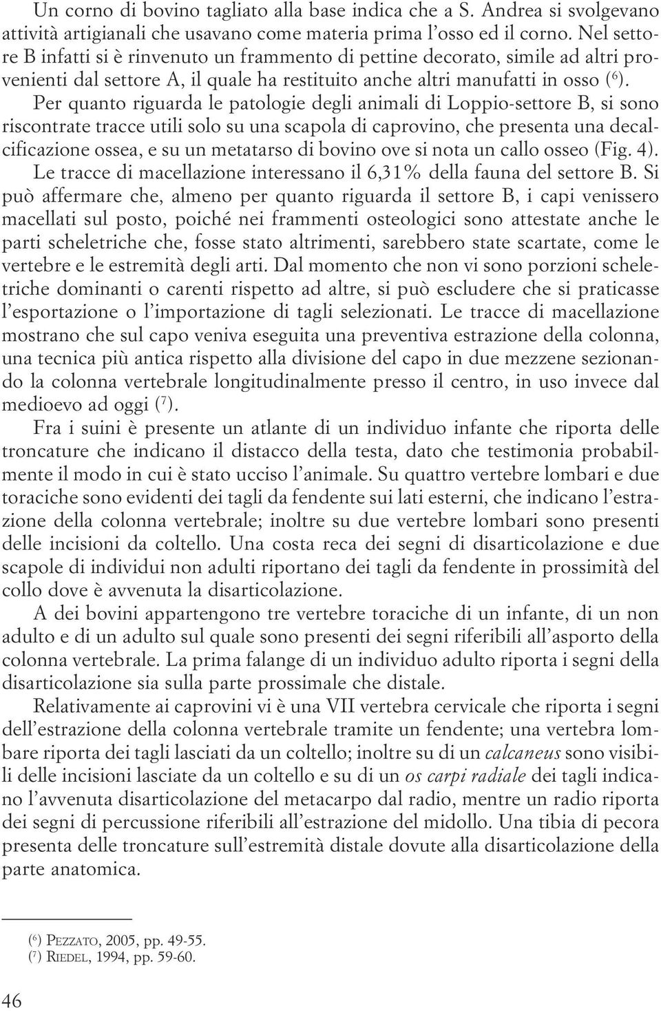 riscontrate tracce utili solo su una scapola di caprovino, che presenta una decalcificazione ossea, e su un metatarso di bovino ove si nota un callo osseo (Fig 4) Le tracce di macellazione