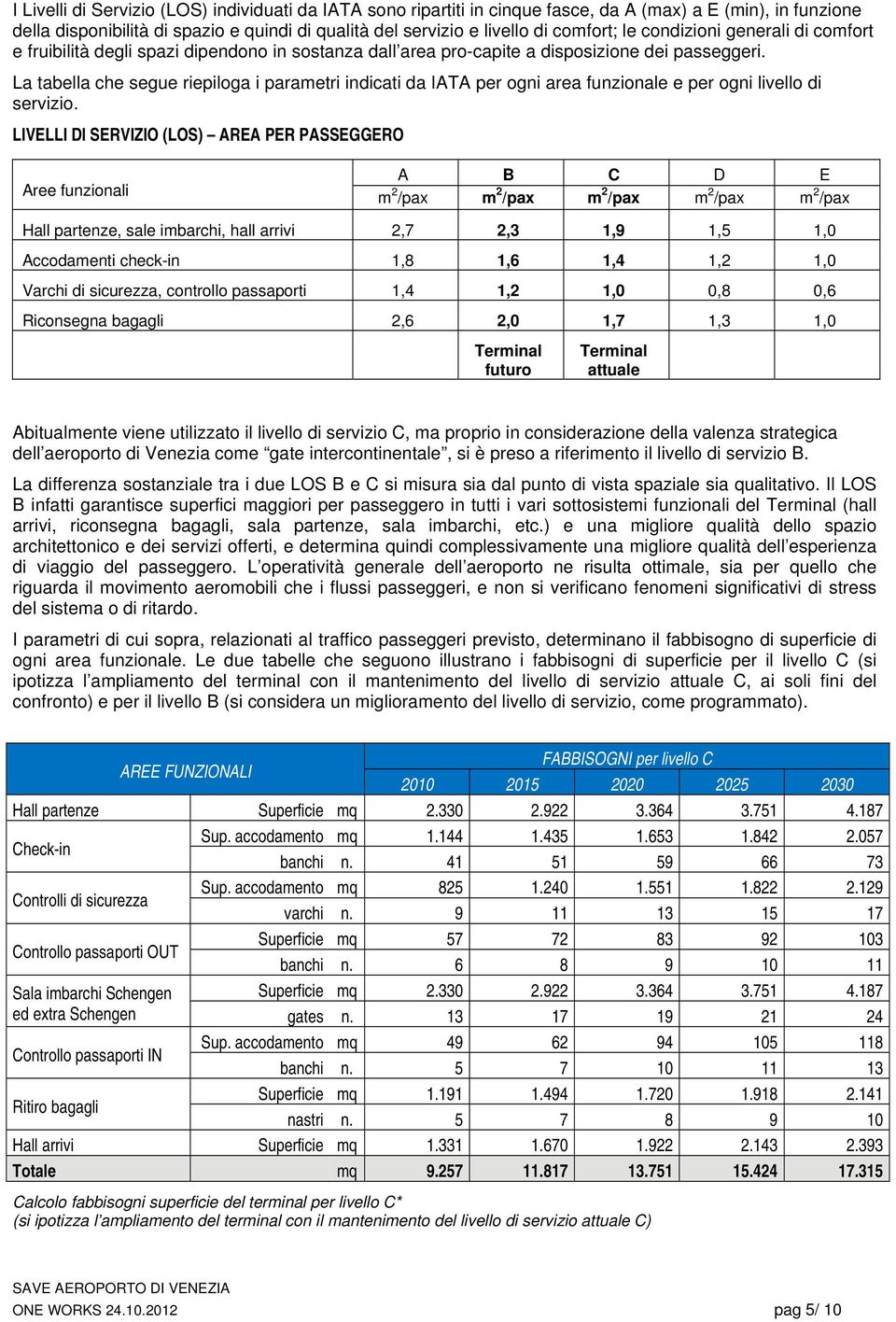 La tabella che segue riepiloga i parametri indicati da IATA per ogni area funzionale e per ogni livello di servizio.