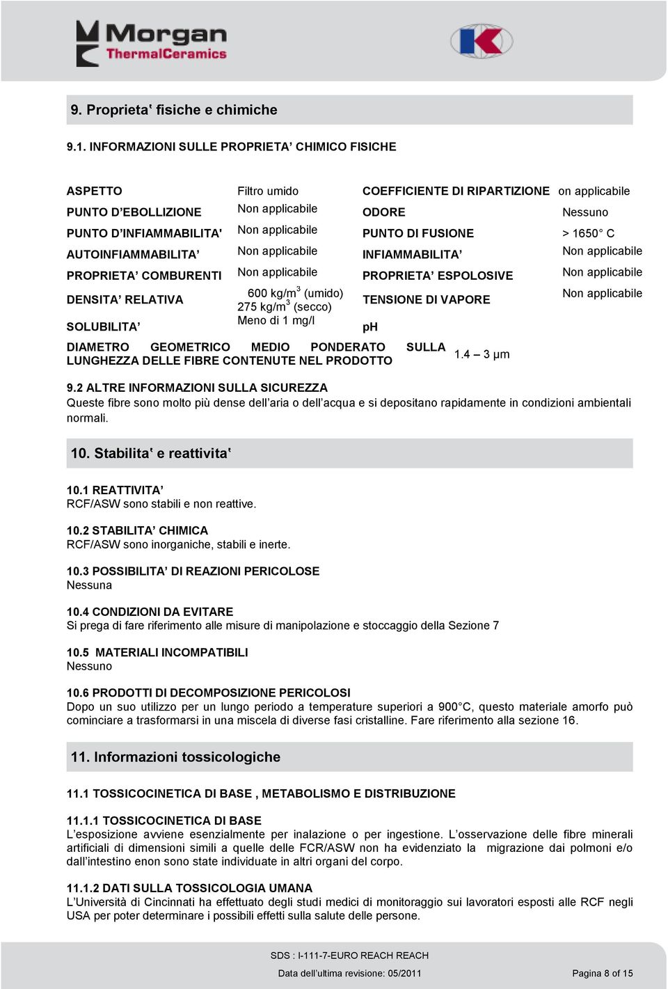 applicabile PUNTO DI FUSIONE > 1650 C AUTOINFIAMMABILITA Non applicabile INFIAMMABILITA Non applicabile PROPRIETA COMBURENTI Non applicabile PROPRIETA ESPOLOSIVE Non applicabile DENSITA RELATIVA