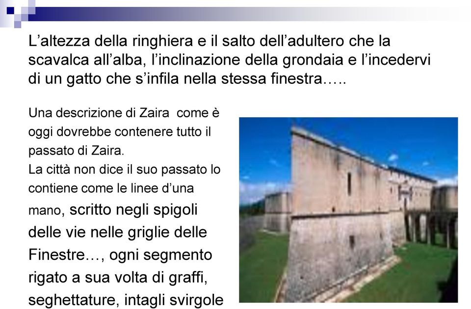 . Una descrizione di Zaira come è oggi dovrebbe contenere tutto il passato di Zaira.