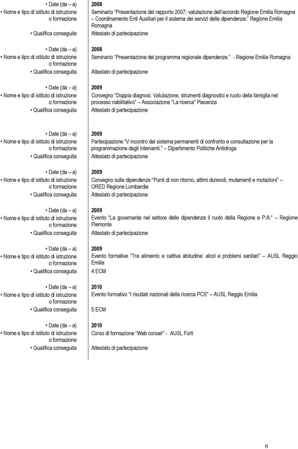 Valutazione, strumenti diagnostici e ruolo della famiglia nel processo riabilitativo Associazione La ricerca Piacenza 2009 Partecipazione V incontro del sistema permanenti di confronto e