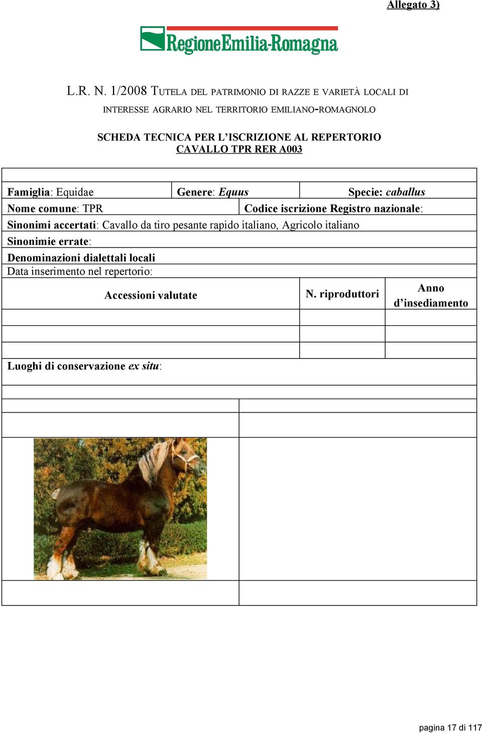AL REPERTORIO CAVALLO TPR RER A003 Famiglia: Equidae Genere: Equus Specie: caballus Nome comune: TPR Codice iscrizione Registro nazionale: