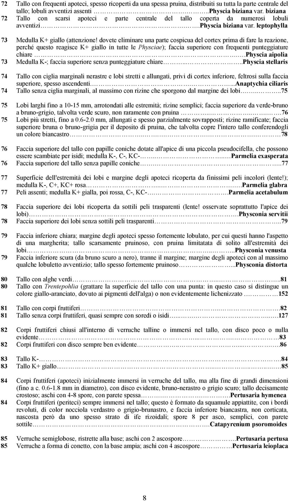 dovete eliminare una parte cospicua del cortex prima di fare la reazione, perché questo reagisce K+ giallo in tutte le Physciae); faccia superiore con frequenti punteggiature chiare.