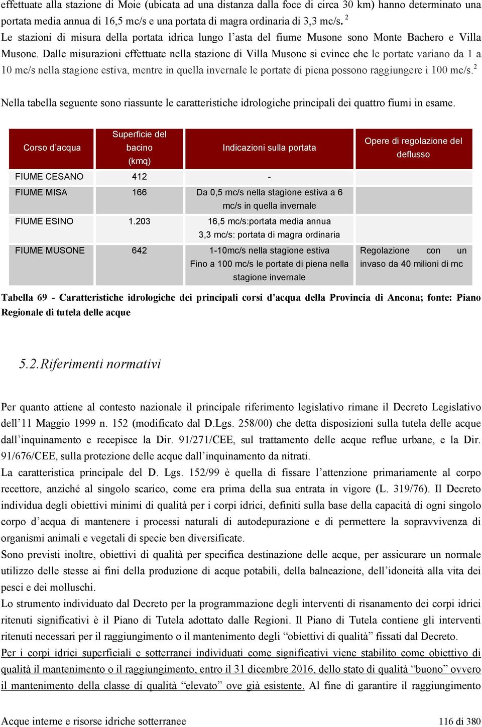 Dalle misurazioni effettuate nella stazione di Villa Musone si evince che le portate variano da 1 a 10 mc/s nella stagione estiva, mentre in quella invernale le portate di piena possono raggiungere i